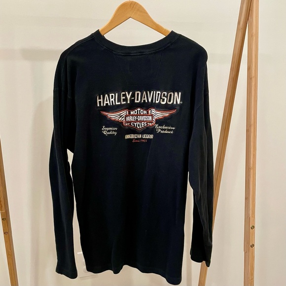Vintage Harley Davidson Embroidered Henley Thermal Long Sleeve Top in Black - Picture 1 of 4